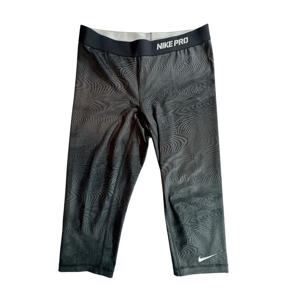 Nike Pro Dri-FIT Leggings Womens‎ Medium Grey Black Wave Crop Training Tights